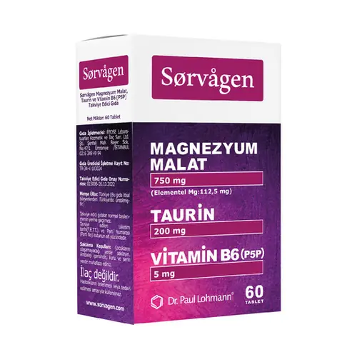 Sorvagen Magnezyum Malat Taurin B6 Vitamini PSP 60 Tablet kutu ve ambalaj