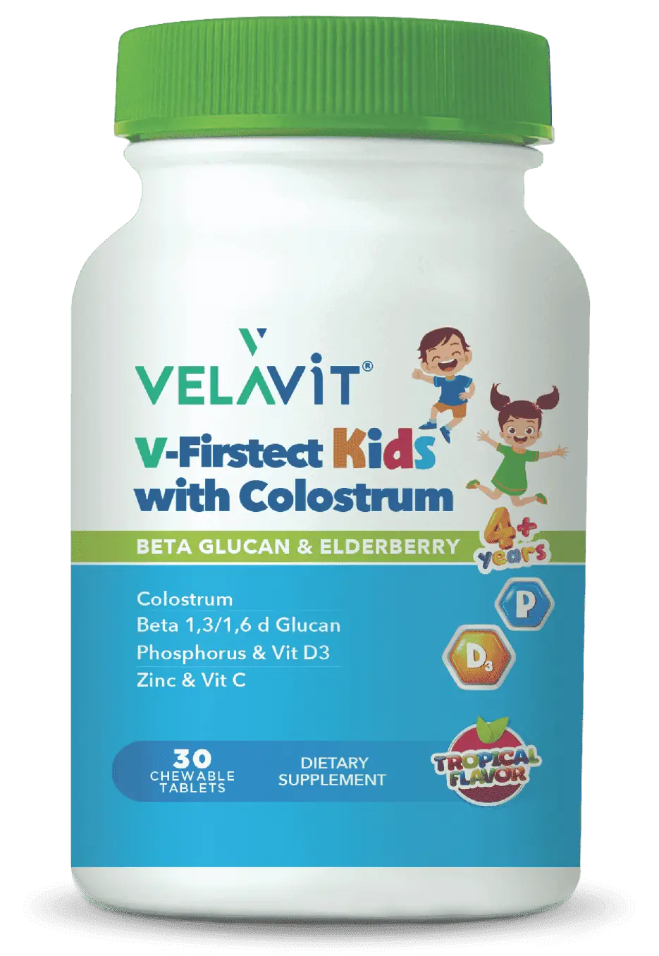 Velavit V-Firstect Kids Kolostrum Beta Glukan Çocuklar İçin 30 Tablet kutu ve ambalaj