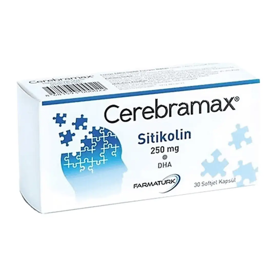 Cerebramax Sitikolin Yumuşak Kapsül Omega 3 Takviyesi 30 Adet kutu ve ambalaj