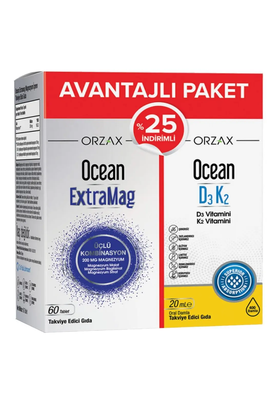 Orzax Ocean Extramag 60 Tablet Ocean D3K2 Hediyeli Magnezyum Takviyesi kutu ve ambalaj