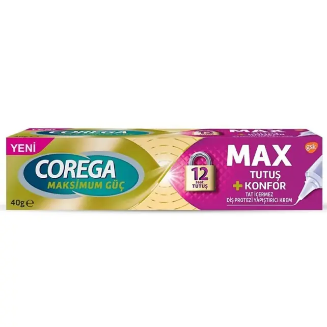 Corega Max Tutuş ve Konfor Diş Protezi Yapıştırıcı Krem 40 gr ürün ambalajı