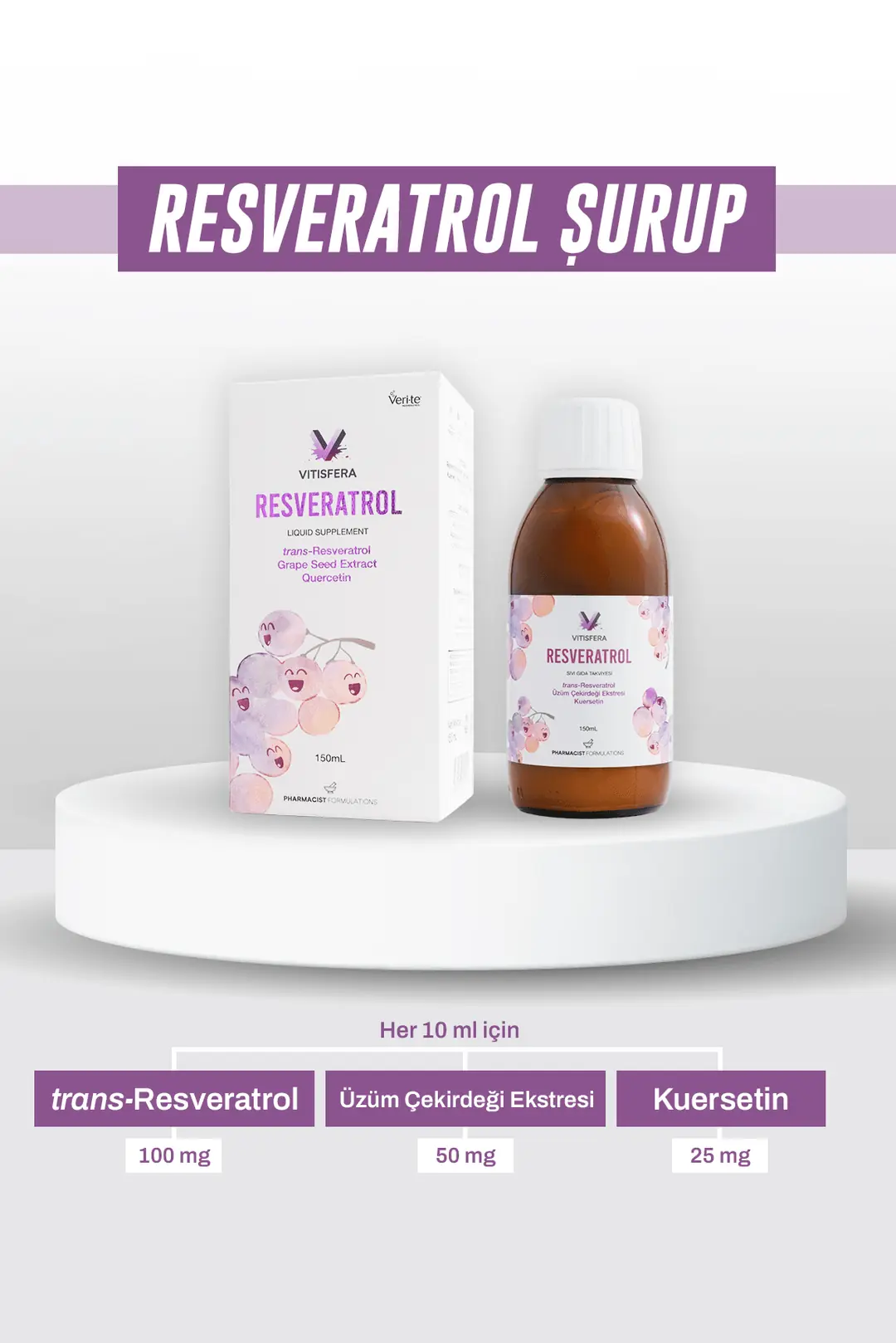 Vitisfera Resveratrol Üzüm Çekirdeği Ekstresi ve Kuersetin İçeren Sıvı Takviye Edici Gıda 150 ml kutu ve ambalaj