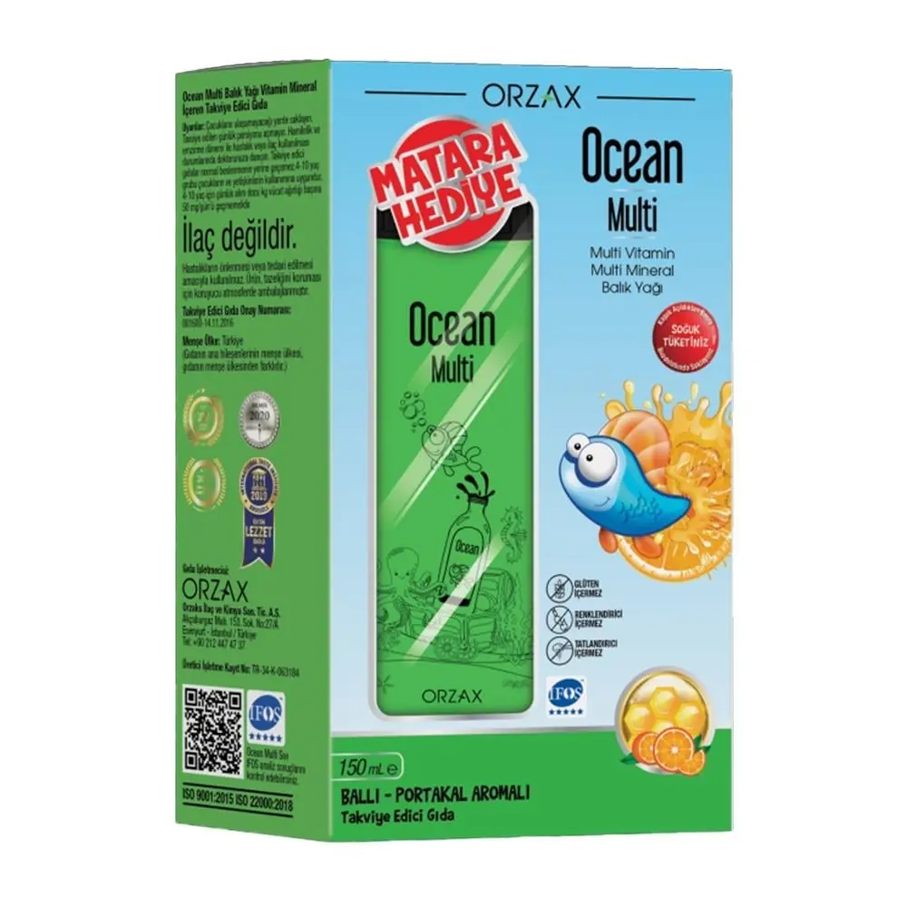 Orzax Ocean Çocuk Omega 3 Balık Yağı Şurup 150 ml + Matara Hediyeli kutu ve ambalaj