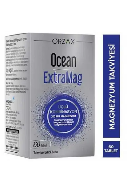Orzax Ocean Extramag Tablet Magnezyum İçeren Takviye Edici Gıda 60 Tablet kutu ve ambalaj