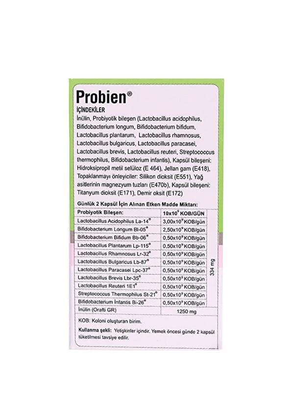 Probien Probiyotik Mikroorganizma ve Prebiyotik Takviye Edici Gıda 30 Kapsül içerik tablosu ve besin değerleri