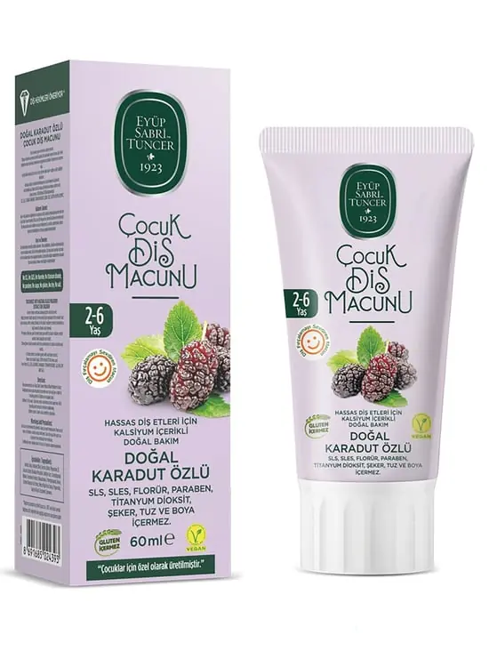 Eyüp Sabri Tuncer EST Doğal Karadut Özlü Çocuk Diş Macunu 60 ml ürün ambalajı
