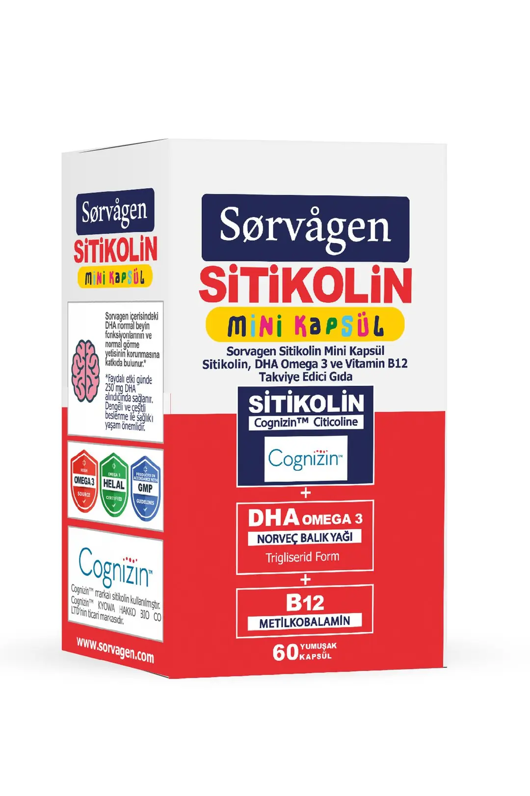 Sorvagen Smart-Mini Kapsül Sitikolin DHA Omega 3 B12 Vitamini 60 Kapsül kutu ve ambalaj