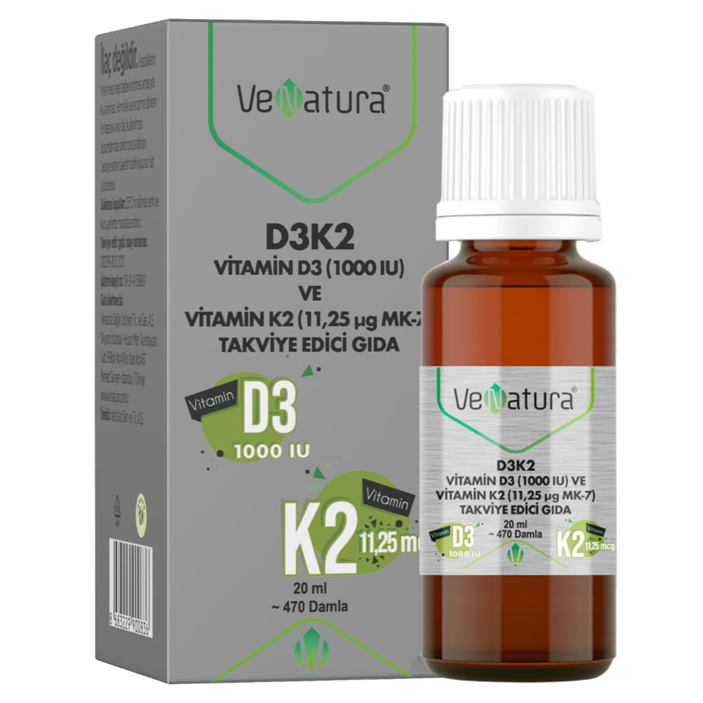 VeNatura D3K2 1000 IU D3 11.25 mcg K2 Vitamini Damla 20 ml kutu ve ambalaj