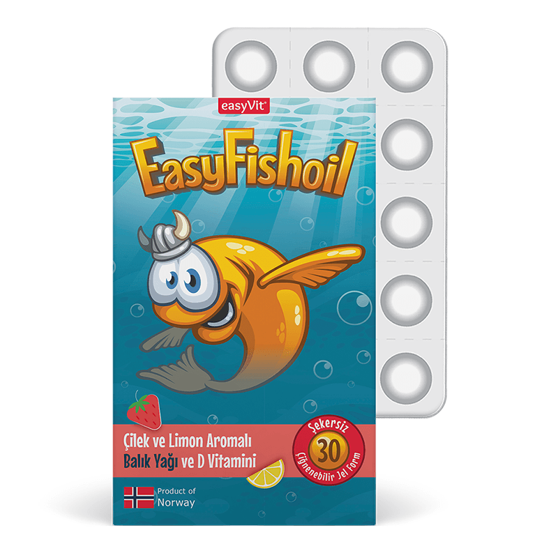 EASYVIT EASYFISHOIL BALIK YAĞI + D VİTAMİNİ ÇİĞNENEBİLİR JEL FORM (ÇİLEK VE LİMON), OMEGA 3 VE D VİTAMİNİ İÇEREN TAKVİYE EDİCİ GIDA 30 ADET