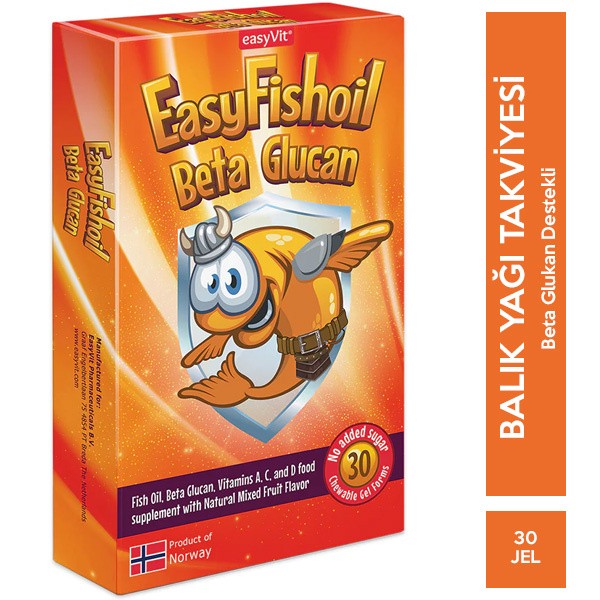 EASYVIT EASYFISHOIL BETA GLUKAN ÇİĞNENEBİLİR JEL FORM  (MEYVE AROMALI),  BETA GLUKAN VE VİTAMİN İÇEREN TAKVİYE EDİCİ GIDA 30 ADET