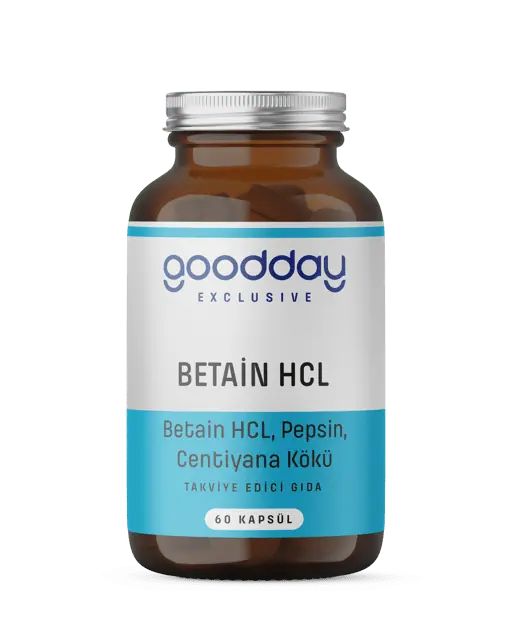 GoodDay Exclusive Betain HCL Kapsül Pepsin ve Centiyana Kökü 60 Kapsül kutu ve ambalaj