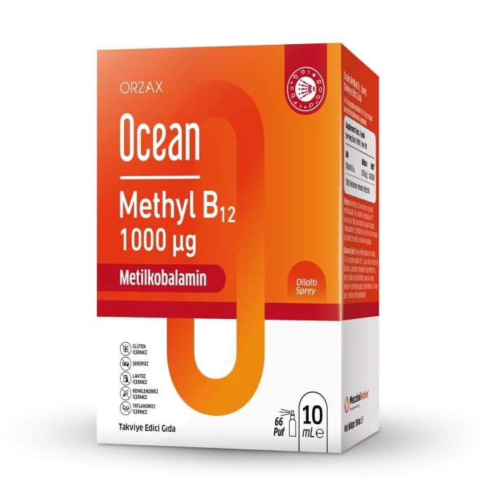 Orzax Ocean Methyl B12 1000 mcg Dilaltı Sprey 10 ml Şişe ürün ambalajı