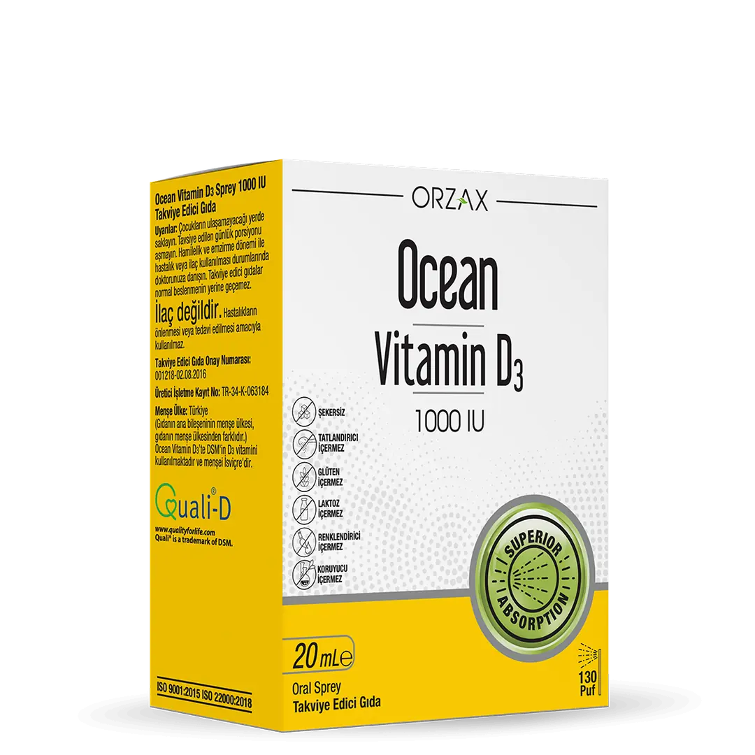 Orzax Ocean D3 Vitamini Sprey 1000 IU 20 ml kutu ve ambalaj