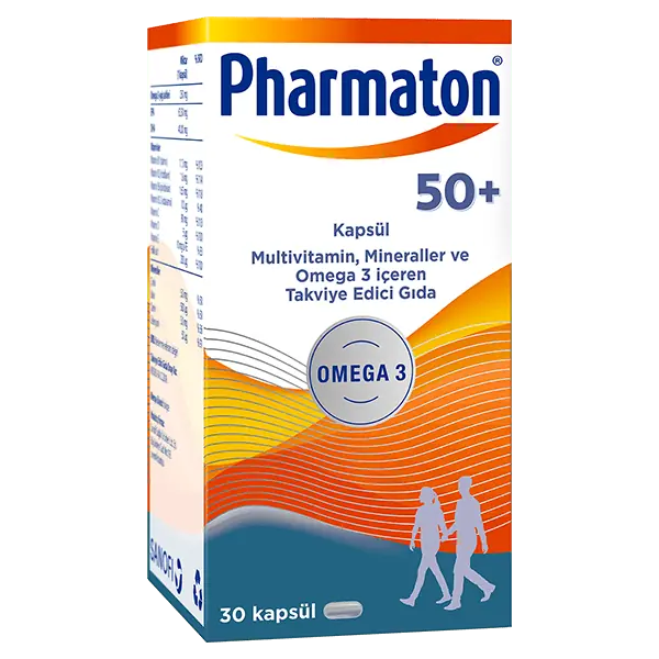 Pharmaton 50+ Multivitamin ve Mineral Omega 3 Takviyesi 30 Kapsül kutu ve ambalaj