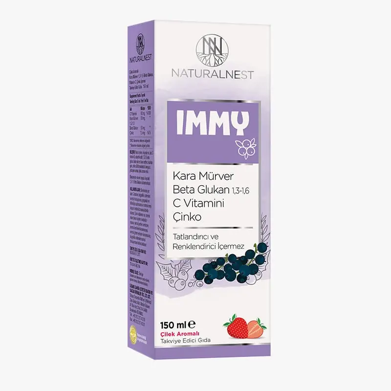 Naturalnest Immy Kara Mürver Beta Glukan C Vitamini Çinko Şurup 150 ml kutu ve ambalaj