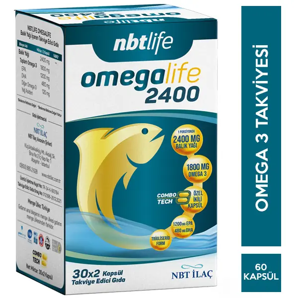 NBT Life Omegalife Balık Yağı 2400 mg Kapsül Omega 3 Takviyesi 30 Kapsül kutu ve ambalaj