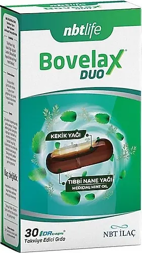 Bovelax Duo Likit Kapsül Tıbbi Nane ve Kekik Yağı Takviyesi 30 Adet kutu ve ambalaj