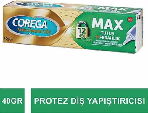 Corega Maksimum Tutuş Ferahlık Protez Yapıştırıcı Krem 40 gr ürün ambalajı