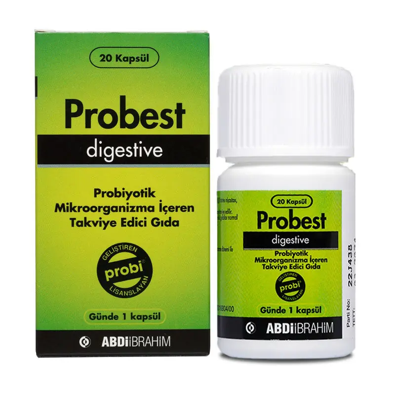 Probest Digestive Kapsül Probiyotik Mikroorganizma Takviyesi 20 Kapsül kutu ve ambalaj