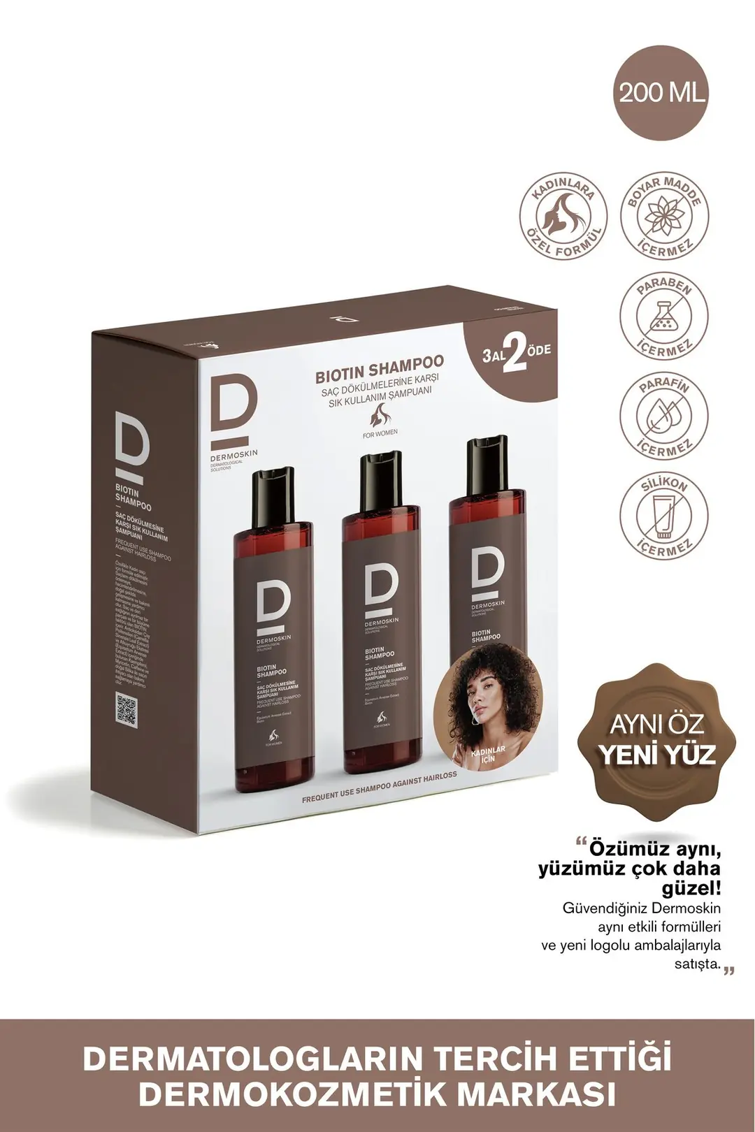 Dermoskin Biotin Şampuan Saç Güçlendirici Kadınlara Özel 3 Al 2 Öde ürün ambalajı