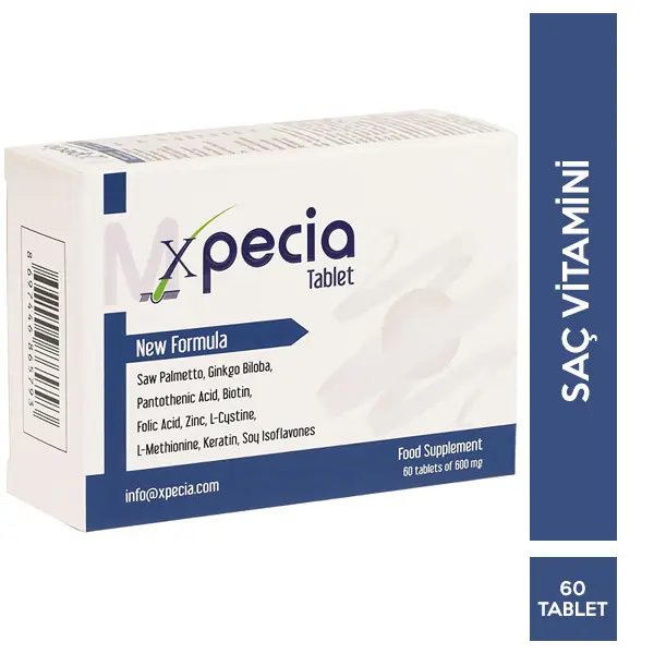 Xpecia Mx Pecia Tablet Saw Palmetto Biotin Çinko Keratin Saç Takviyesi 60 Tablet kutu ve ambalaj