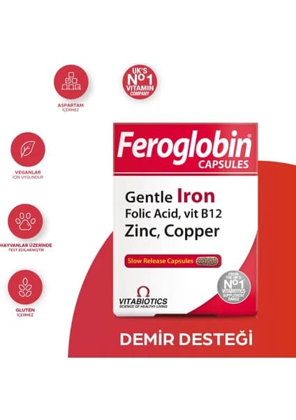 Vitabiotics Feroglobin Gentle Iron 30 Kapsül kullanım şekli ve dozaj bilgisi
