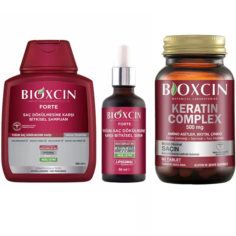 Bioxcin Forte Dökülme Karşıtı Saç Bakım Seti - Şampuan Serum Tablet ürün ambalajı
