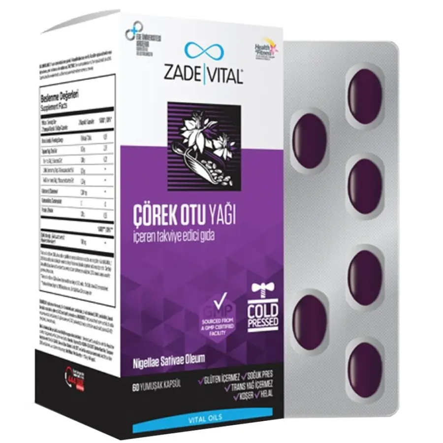 Zade Vital Black Cumin Oil Yumuşak Kapsül 60 Kapsül kutu ve ambalaj