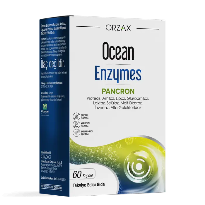 Orzax Ocean Enzymes Sindirim Enzimleri 60 Kapsül kutu ve ambalaj