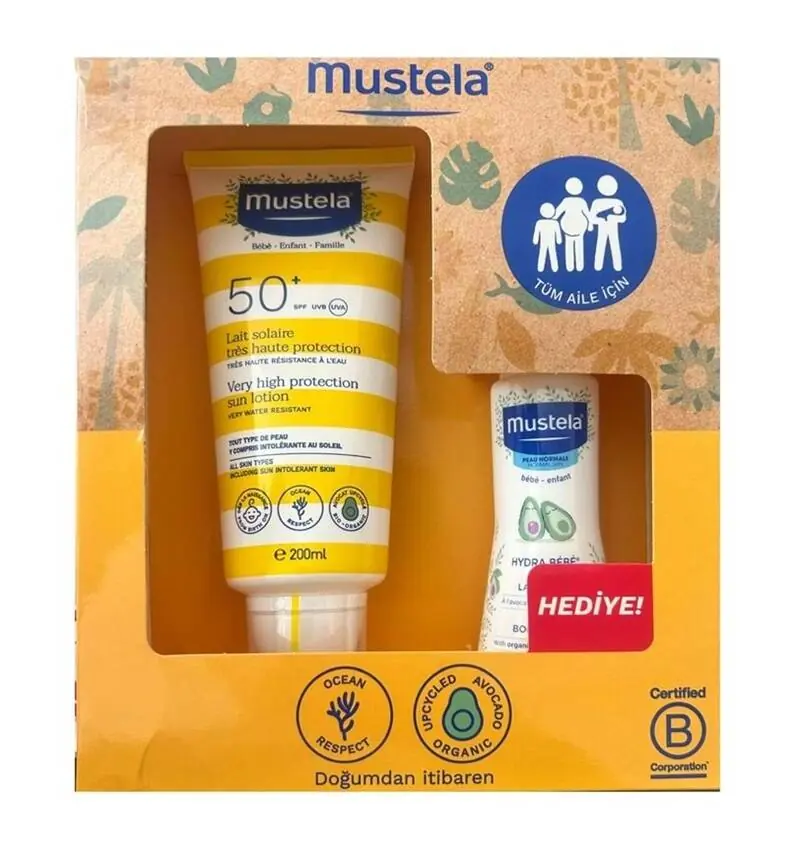 Mustela Güneş Losyonu SPF50 200 ml + Mustela Hydra Bebe 100 ml Set ürün ambalajı