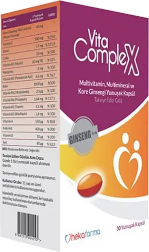 Vitacomplex Multivitamin Multimineral ve Kore Ginsengi Yumuşak Kapsül 30 Kapsül kutu ve ambalaj
