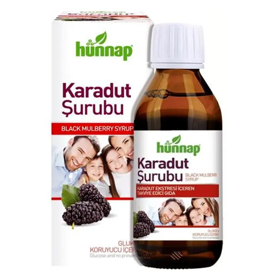 Hünnap Karadut Şurubu Doğal ve Katkısız 50 ml kutu ve ambalaj