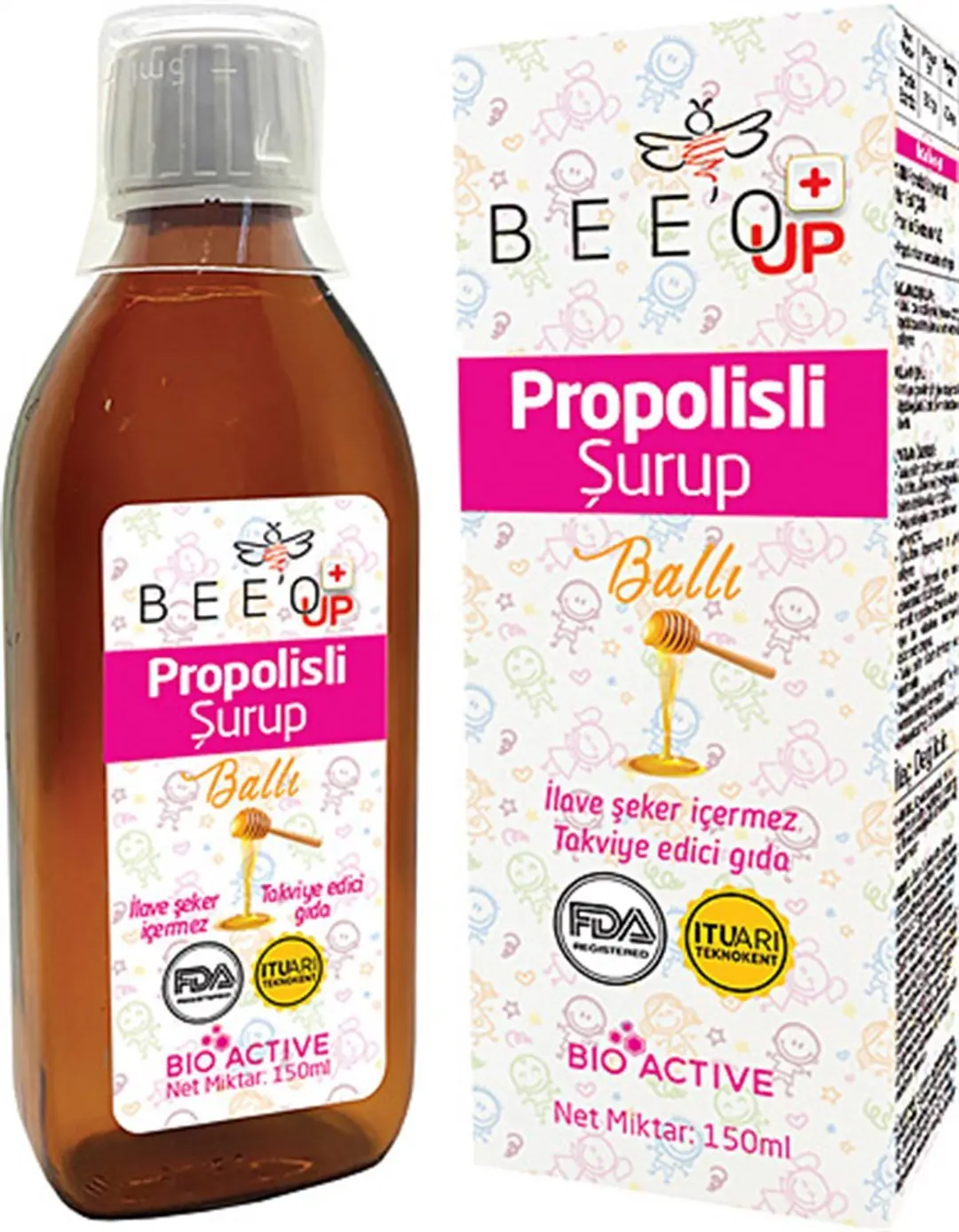 Bee'o Up Propolisli Ballı Çocuk Şurubu Bağışıklık Güçlendirici 150 ml kutu ve ambalaj