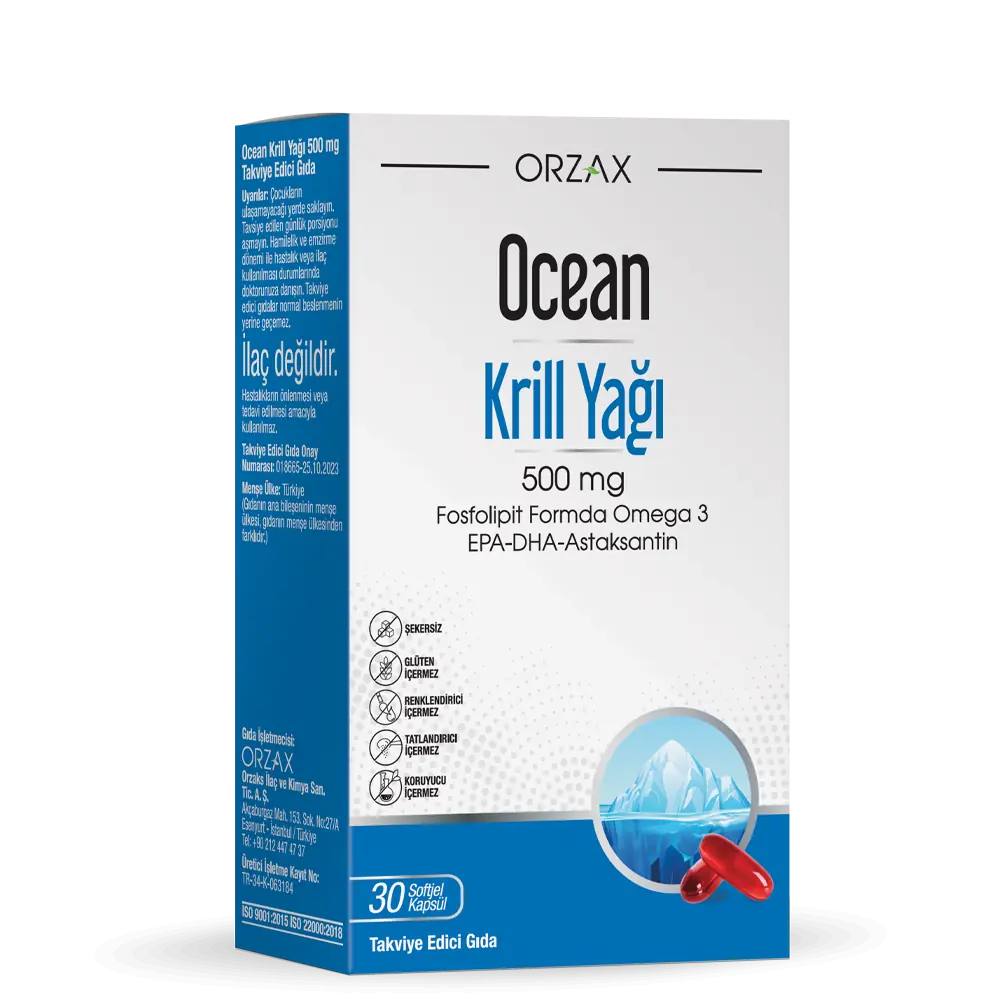 Orzax Ocean Krill Yağı Omega 3 Fosfolipid 500 mg 30 Kapsül kutu ve ambalaj
