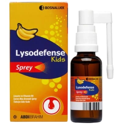 Abdi İbrahim Lysodefense Kids Sprey Lizozim B6 Vitaminli Muz Aromalı Takviye 30 ml kutu ve ambalaj