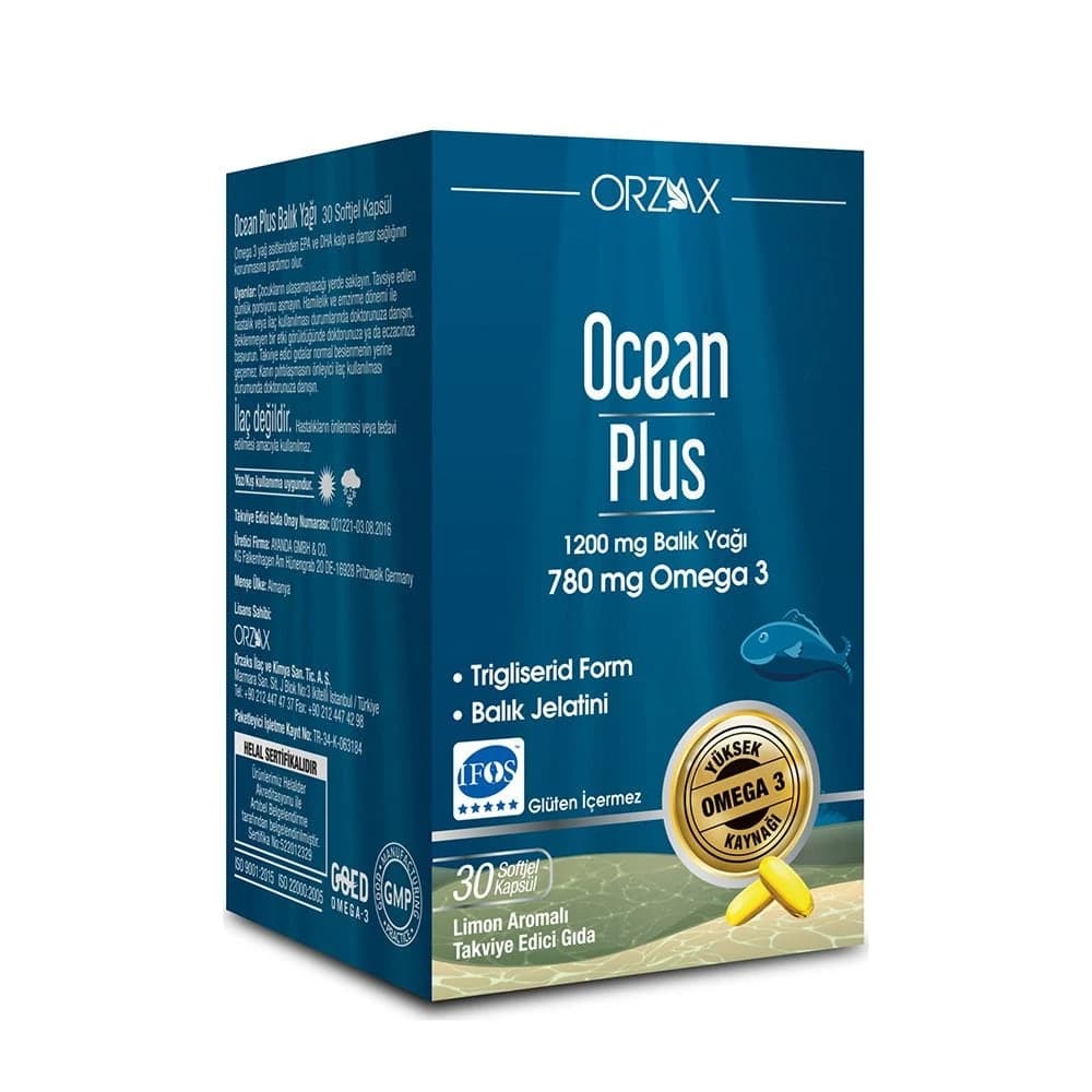 Orzax Ocean Plus Balık Yağı Kapsül 30 Kapsül kutu ve ambalaj