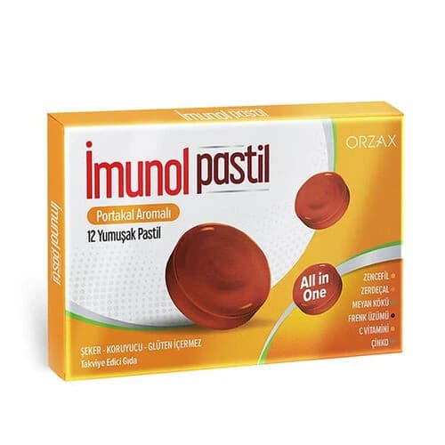 İmunol Pastil (portakal Aromali), Zencefil, C Vitamini, Çinko, Zerdeçal, Meyan Kökü, Frenk Üzümü İçeren Takviye Edici Gida 12 Pastil ürün görseli