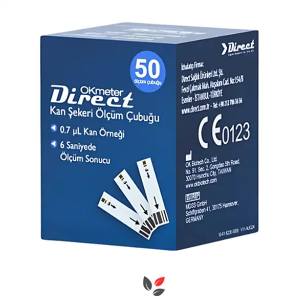 Okmeter Direct Şeker Ölçüm Çubuğu 50 Strip ürün ve ambalaj