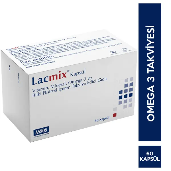 Lacmix Kapsül Vitamin Mineral Omega 3 Bitki Ekstresi Takviyesi 60 Kapsül kutu ve ambalaj