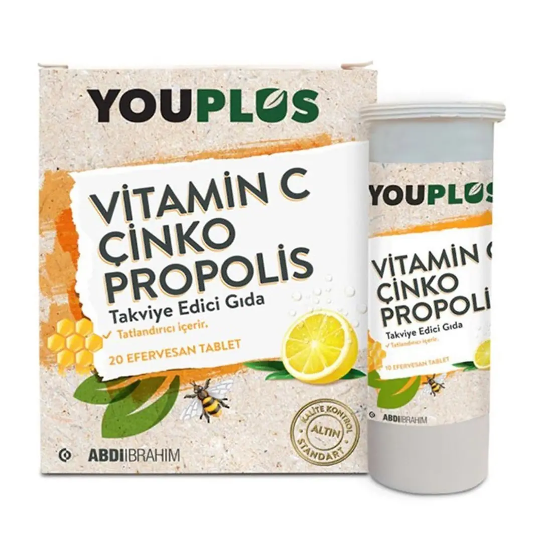 Abdi İbrahim Youplus Vitamin C + Çinko + Propolis Efervesan Tablet 20 Tablet kutu ve ambalaj