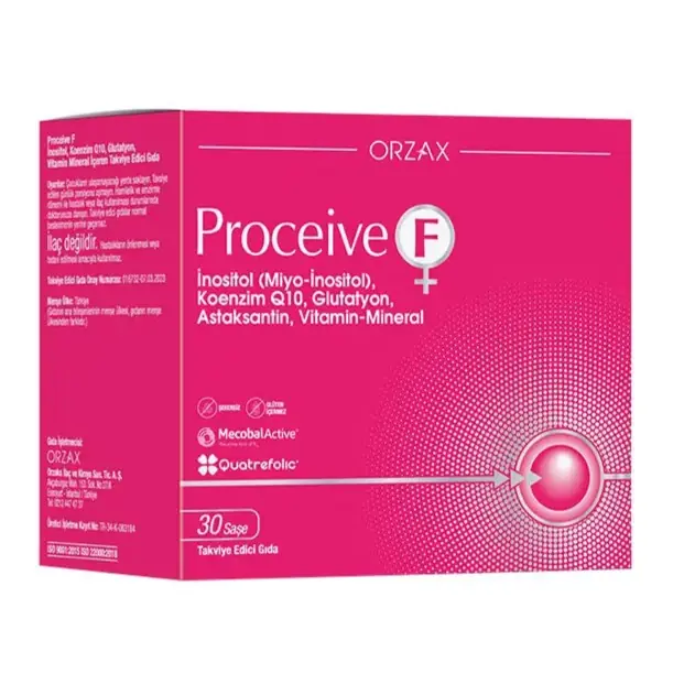 Orzax Proceive F Saşe İnositol Koenzim Q10 Glutatyon Vitamin Mineral Takviyesi 30 Saşe kutu ve ambalaj