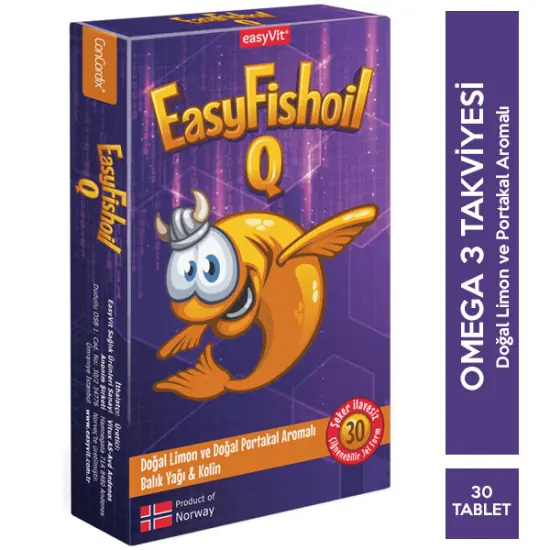 Easyvit EasyFishoil Q Balık Yağı Çiğnenebilir Jel Limon ve Portakal 30 Adet kutu ve ambalaj