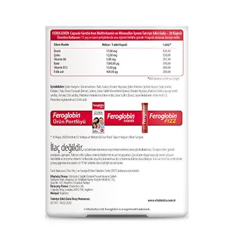 Vitabiotics Feroglobin Gentle Iron 30 Kapsül içerik tablosu ve besin değerleri