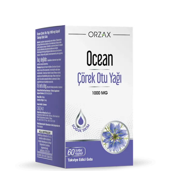 Orzax Ocean Çörek Otu Yağı 1000 mg Bağışıklık Desteği 60 Kapsül kutu ve ambalaj