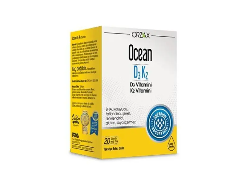 Orzax OCEAN D3K2 DAMLA, D3 VİTAMİNİ VE K2 VİTAMİNİ İÇEREN TAKVİYE EDİCİ GIDA 20ml şişe ürün görseli