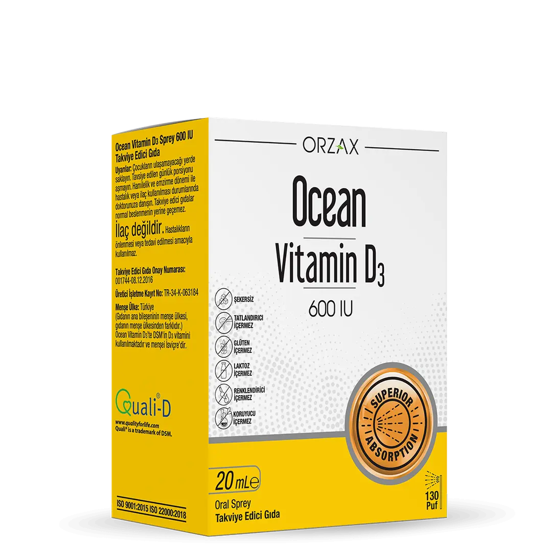 Orzax Ocean D3 Vitamini Sprey 600 IU 20 ml ürün ambalajı