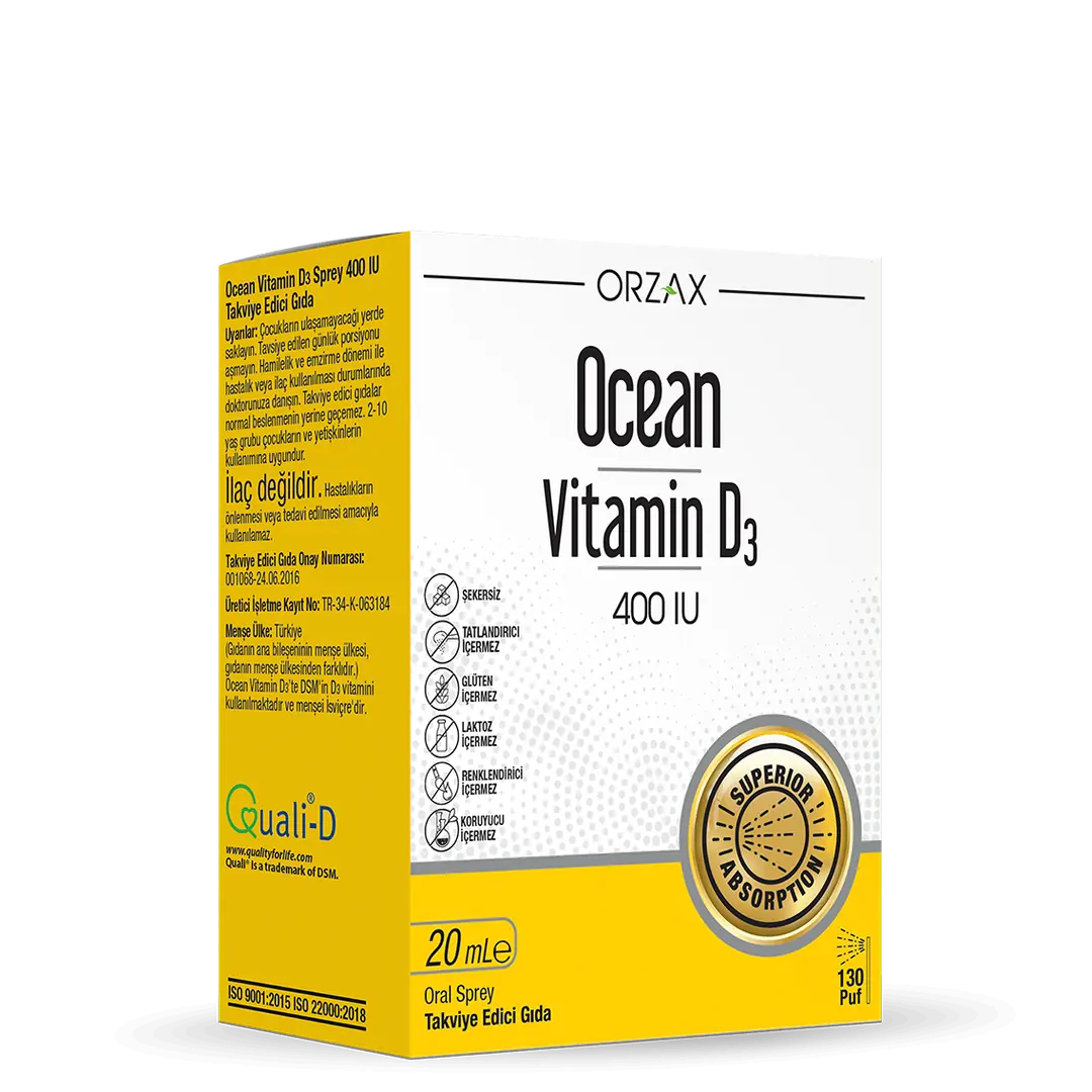 Orzax Ocean D3 Vitamini Sprey 400 IU 20 ml ürün ambalajı