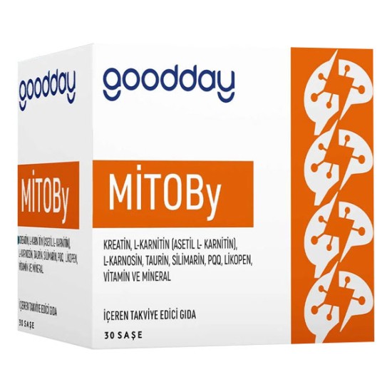 GOODDAY MITOBY, KREATİN, L-KARNİTİN, L-KARNOZİN, TAURİN, SİLİMARİN, PİROLOKİNOLİN KİNON, LİKOPEN, VİTAMİN VE MİNERAL İÇEREN TAKVİYE EDİCİ GIDA 30 SAŞE