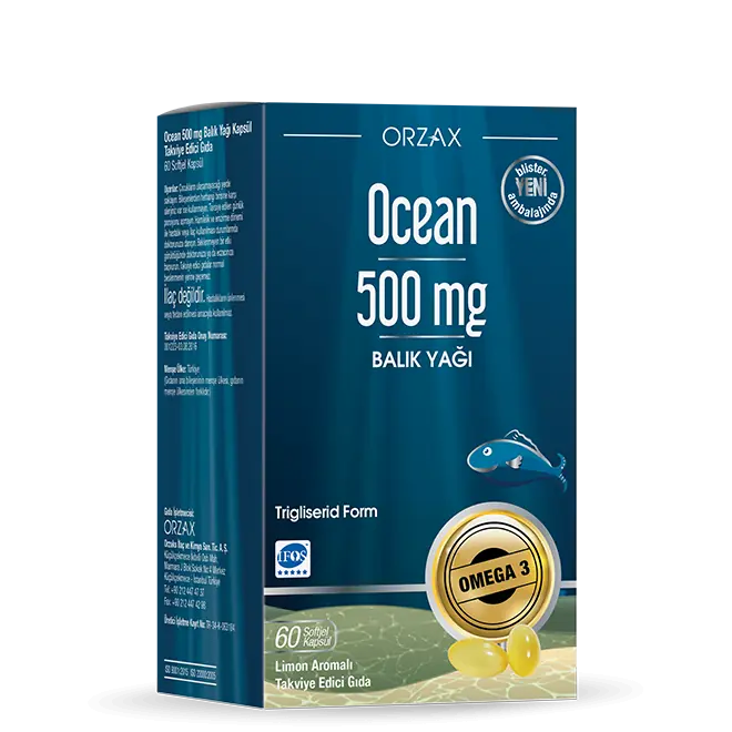 Orzax Ocean Saf Balık Yağı Omega 3 EPA DHA 500 mg 60 Kapsül kutu ve ambalaj