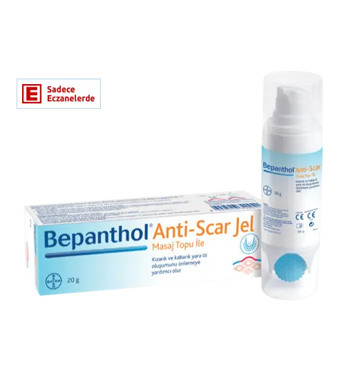 Bepanthol Anti-Scar Jel Masaj Topu ile 20 g ürün ambalajı